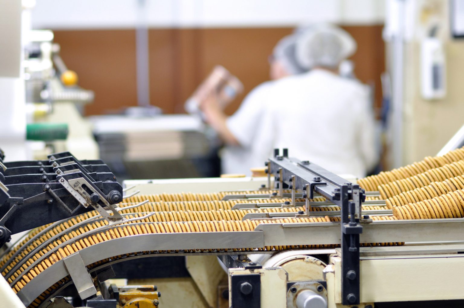 alt="food industry - biscuit production in a factory on a conveyor belt"