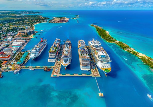 aerial photography of white and blue cruise ships during daytime