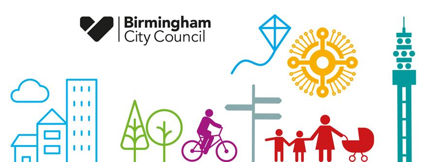 A graphic showing ahouse, trees, a cyclist, road signs, a family with a plan and the Joseph Chamberlain clock - part of a suite of graphics used by the city council to denote its services