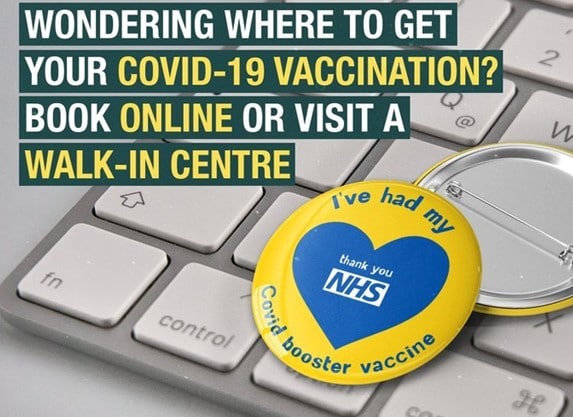An advert encouraging people to book their vaccination online or to go to a walk-in vaccination centre.