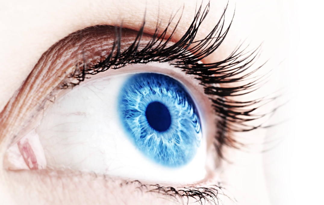 Close up of a blue human eye looking away from the camera