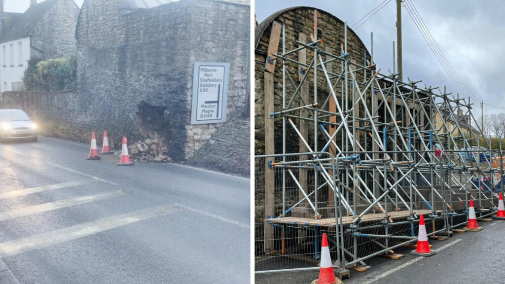damage to wall shown then image of scaffolding in place