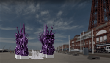 Spiky art installation on promenade.