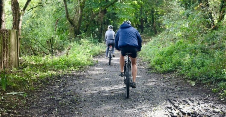 Two cyclists riding along a path surrounded by woodland