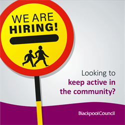 Illustration of a school crossing patrol sign displaying the words 'We are hiring', with the caption 'Looking to keep active in the local community?'