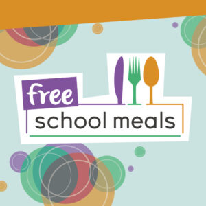 graphic showing words free school meals, some shapes and a knife, fork and spoon