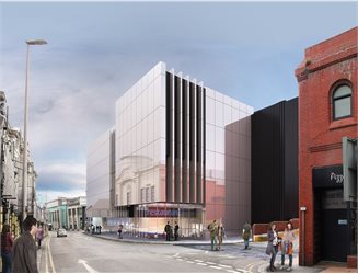 Artist's impression of building development on a busy street under a blue sky
