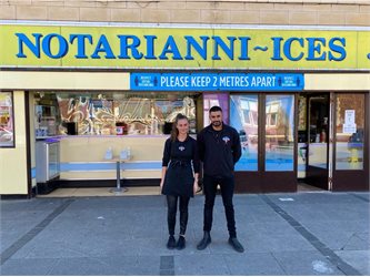 The owners of Notarianni Ices, Luca and his sister Maddalena, stood outside of the ice cream palour