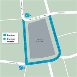 Map of enforcement area displaying camera icons on the corner of West Street behind the Municipal Buildings and on the corner of Market Street and Church Street