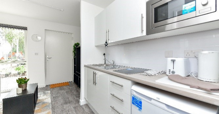 Photo of a kitchen with a sink, cupboards, kettle and microwave