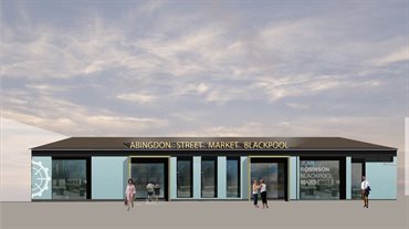 Artist&amp;#39;s impression of a market shopfront with a sign reading &amp;#39;Abingdon Street Market Blackpool&amp;#39;