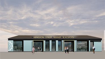 Artist's impression of a market shopfront with a sign reading 'Abingdon Street Market Blackpool'