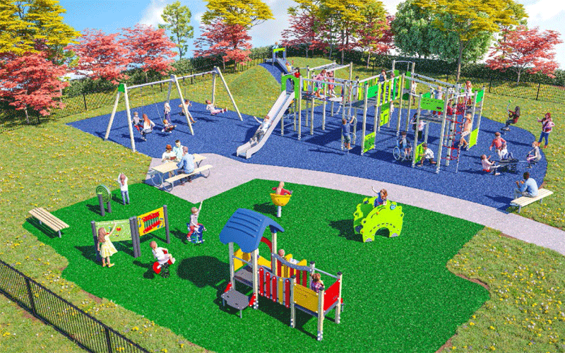 Birds eye view graphic illustration of refurbishment plan for playground at Cock Lane Rec in Fetcham