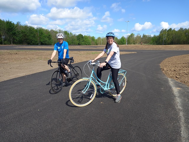 Summerhill staff members Keith Carter and Claire McDonald try out the new track