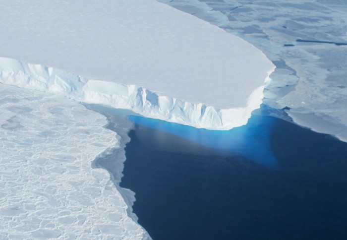 Aerial photo of the Thwaites glacier - a huge block of ice on the sea