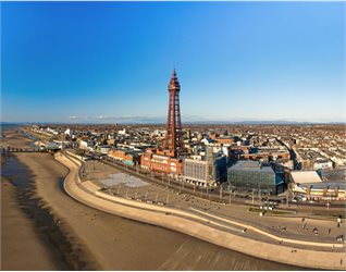 A drone shot of Blackpool Tower and the beach