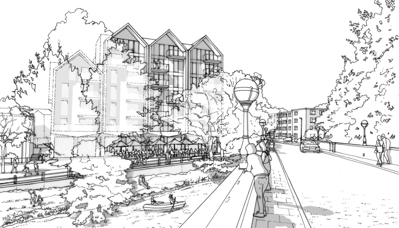 Black and white sketch of a view from Leatherhead Town Bridge towards the proposed new development on the Claire House and James House site in Leatherhead