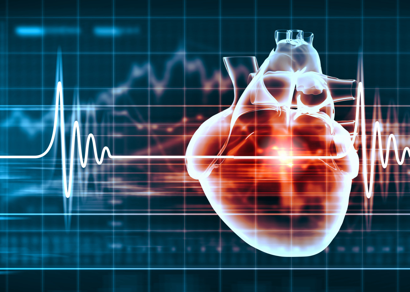 A digital image of a heart and heart-rate monitor.