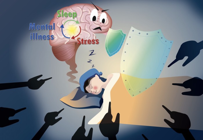 Cartoon of a person sleeping with an enlarged version of their brain with a cycle of 'sleep', 'stress', and 'mental illness'. Shadowy fingers point at the sleeper and a shield emanates from the brain