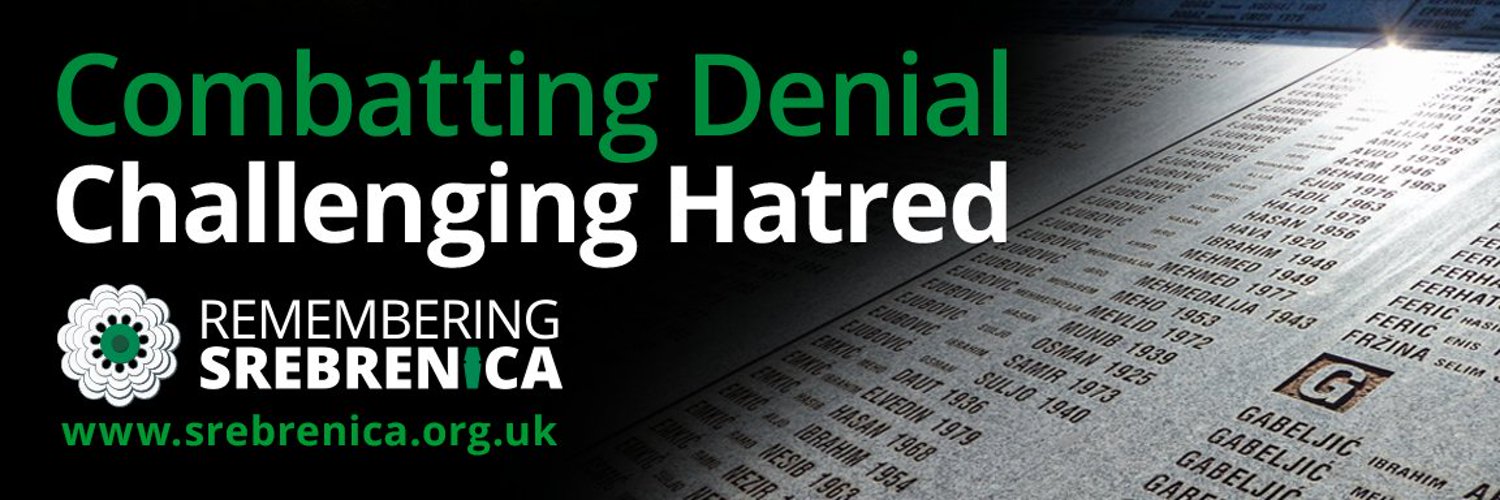 Green text that reads' Combatting Denial
White text that reads Challenging Hate
Green flower on white background with the words Remembering Srebrenica