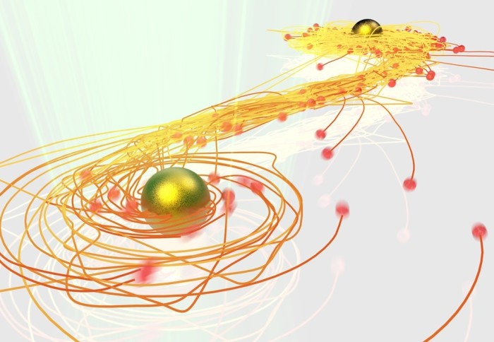 Illustration showing two gold spheres with the traces of glowing smaller spheres travelling between them