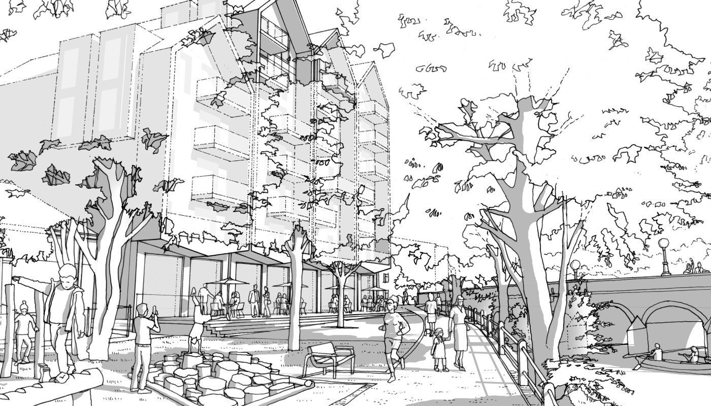 Black and white concept sketch of the proposed new Riverside Park in the centre of Leatherhead near the town bridge