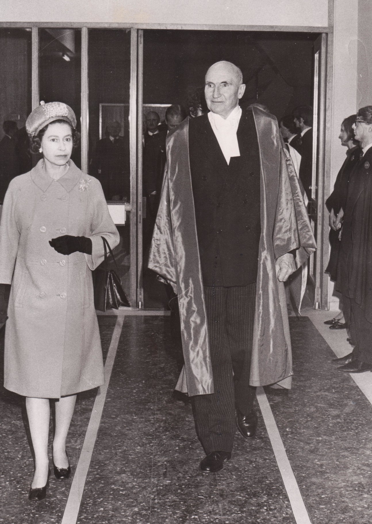 HM Queen Elizabeth II and Lord Sherfield Chairman of Governors Opening of College Block 1969