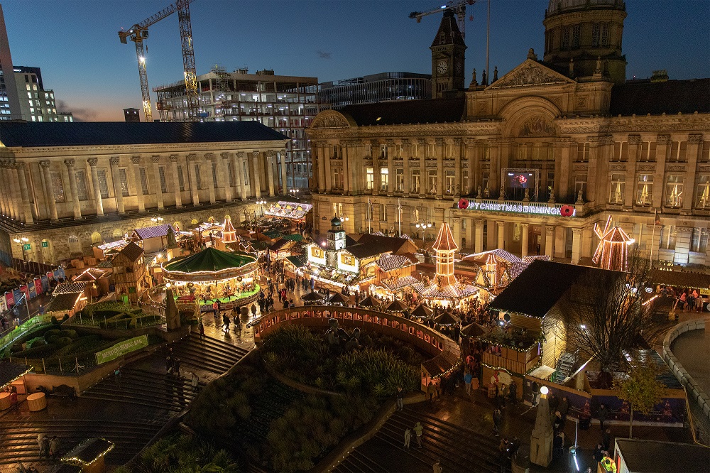 Ariel image of the Frankfut Christmas Market in Victoria Square lit up at night