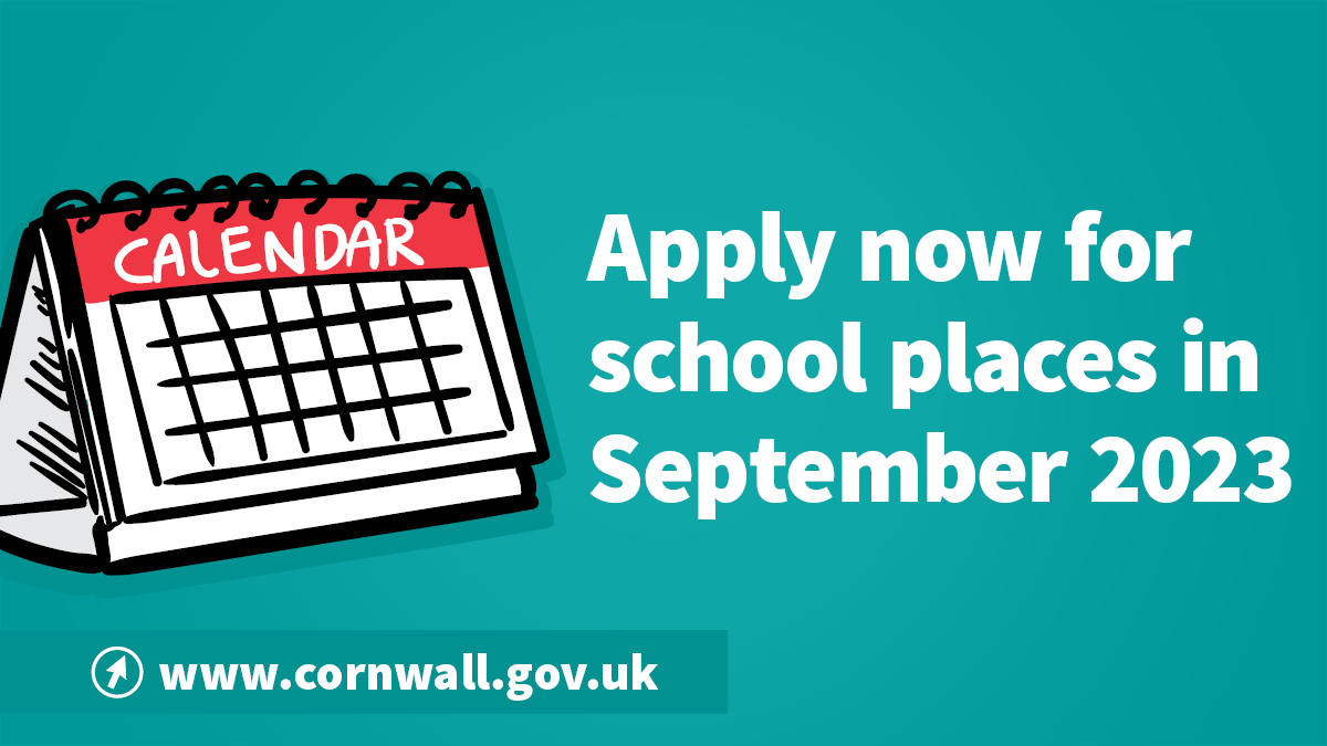 Graphic of a calendar and the words 'Apply now for school places in September 2023'