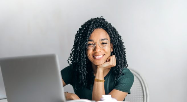 Remote learning lady smiling