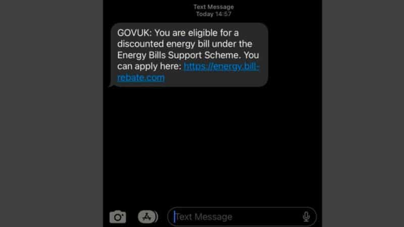 A scam text, that reads, 'You are eligible for a discounted energy bill under the Energy Bills Support Scheme. You can apply here, (followed by a web address).