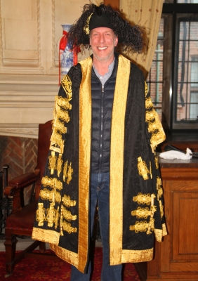 Vincent Runacre trying on the Lord Mayor's robe and tricorne