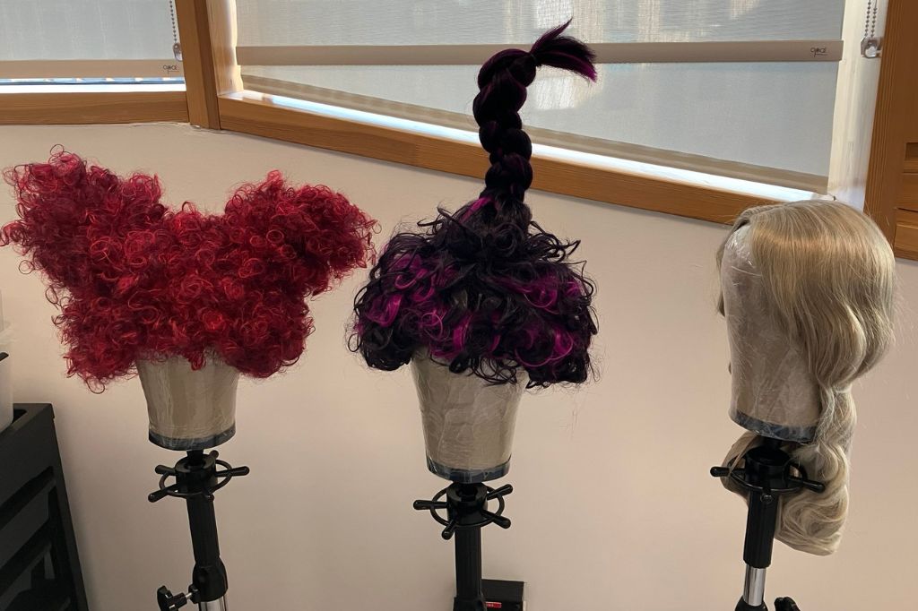 Photo of the wigs for the Hocus Pocus characters the Sanderson sisters.