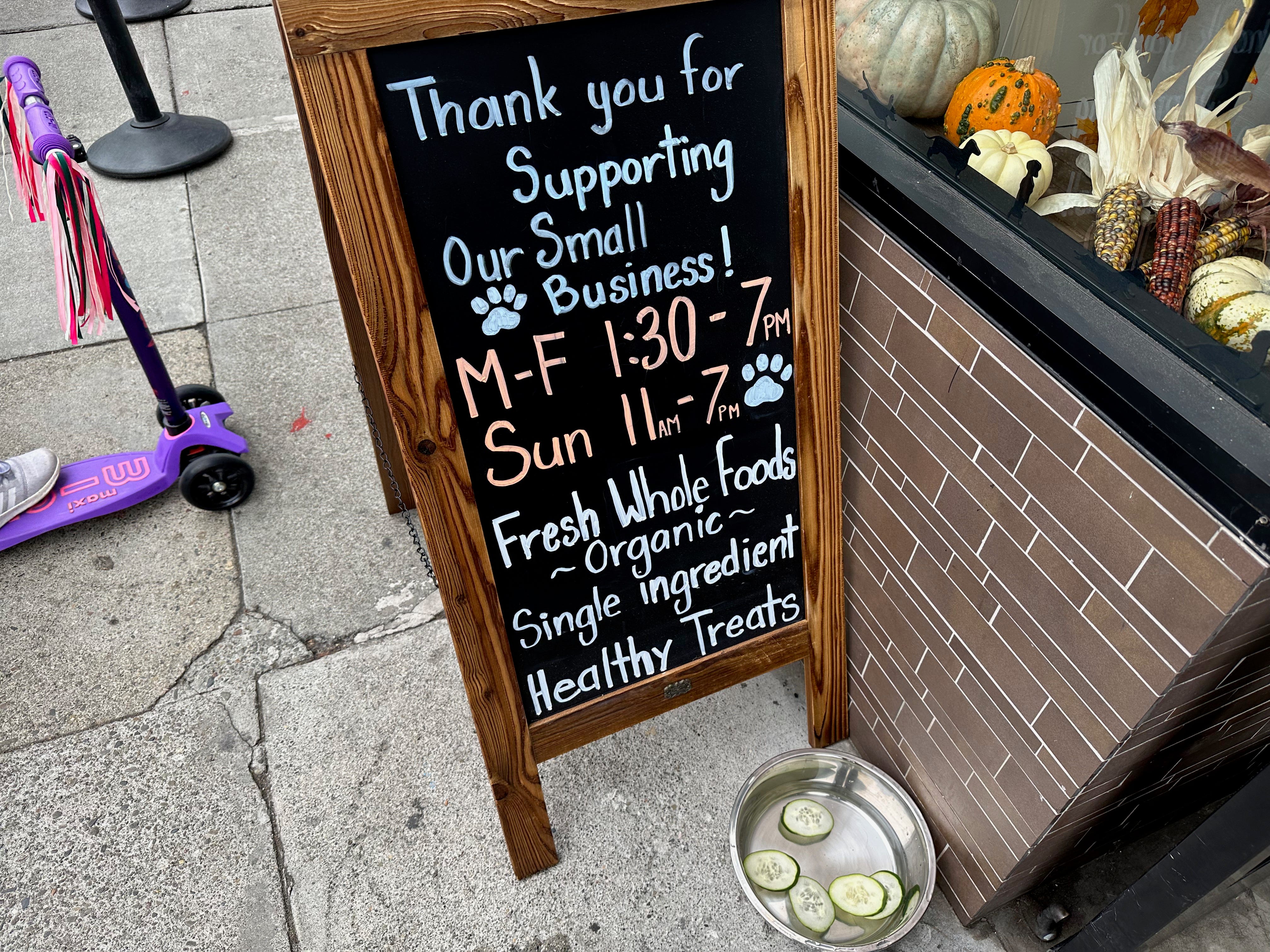 Dogue’s business information on a sign next to a bowl of spa water for dogs to enjoy.