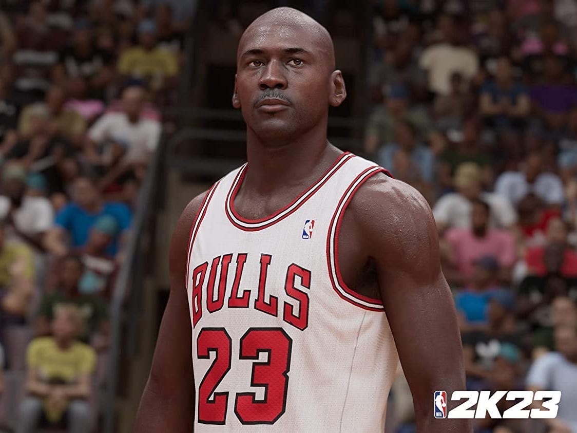 Screen grab from the"NBA 2K23" video game of Michael Jordan in a Chicago Bulls jersey.