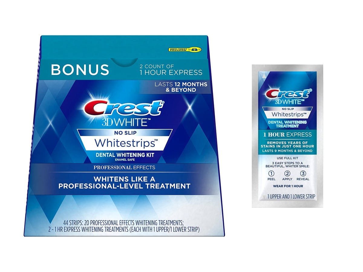 Cyber Monday 2022 Crest Whitestrips deal: A box of Crest 3D White Professional Effects Whitestrips and a sample whitestrip on a flat white background.
