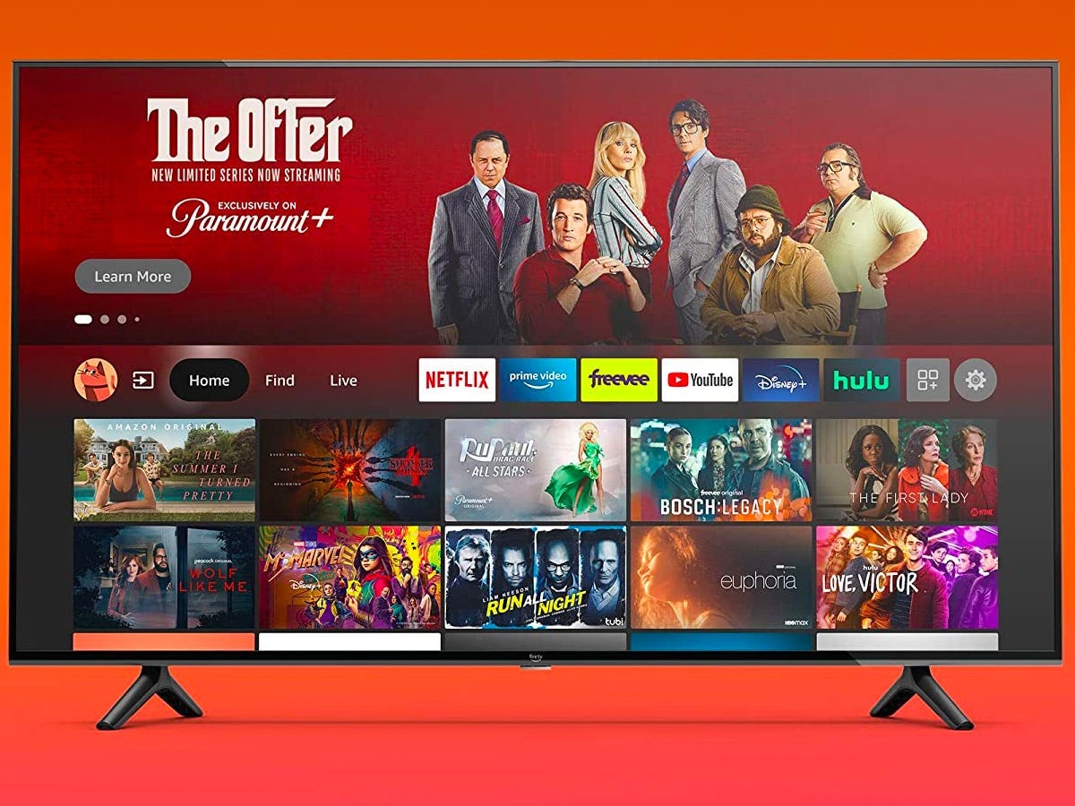 Amazon 55-inch 4-Series Fire TV with the main menu open on it