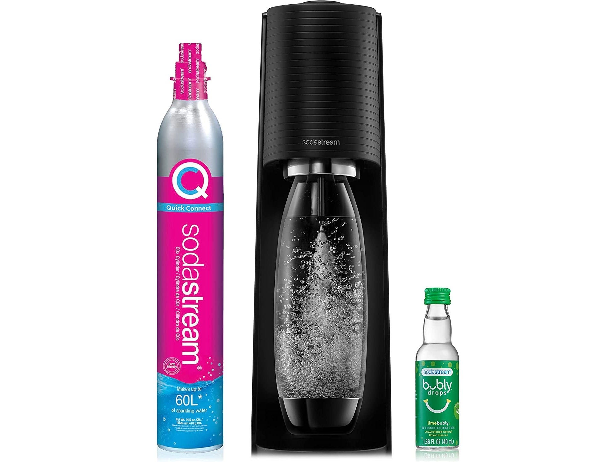 The SodaStream Terra Sparkling Water Maker is displayed next to SodaSteram Bubly Drops and a CO2 cartridge.