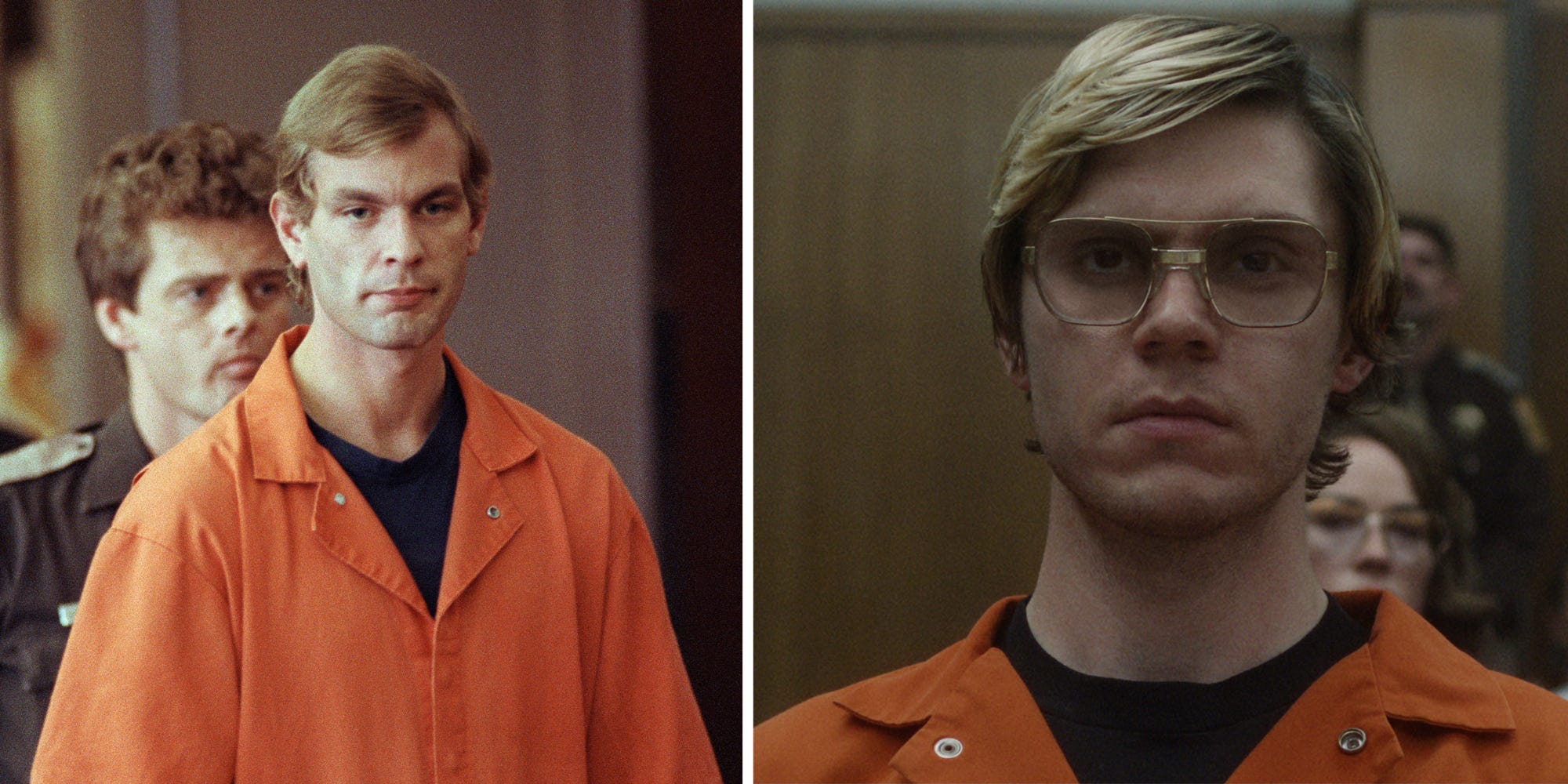 A picture of Jeffrey Dahmer and a picture of Evan Peters as Dahmer.