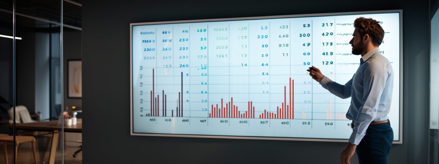 A person pointing at a screen looking at bar chart data.