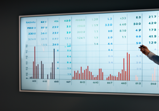 A person pointing at a screen looking at bar chart data.