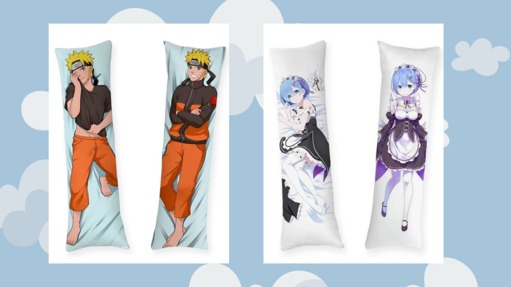Naruto Uzumaki and Rem body pillows side by side