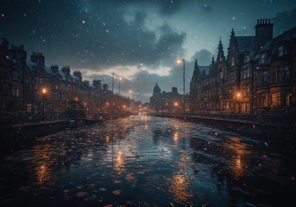 Glasgow water main break on Shettleston Road flooding near St Mark Street in 2025, showing water gushing onto the street and emergency response vehicles.