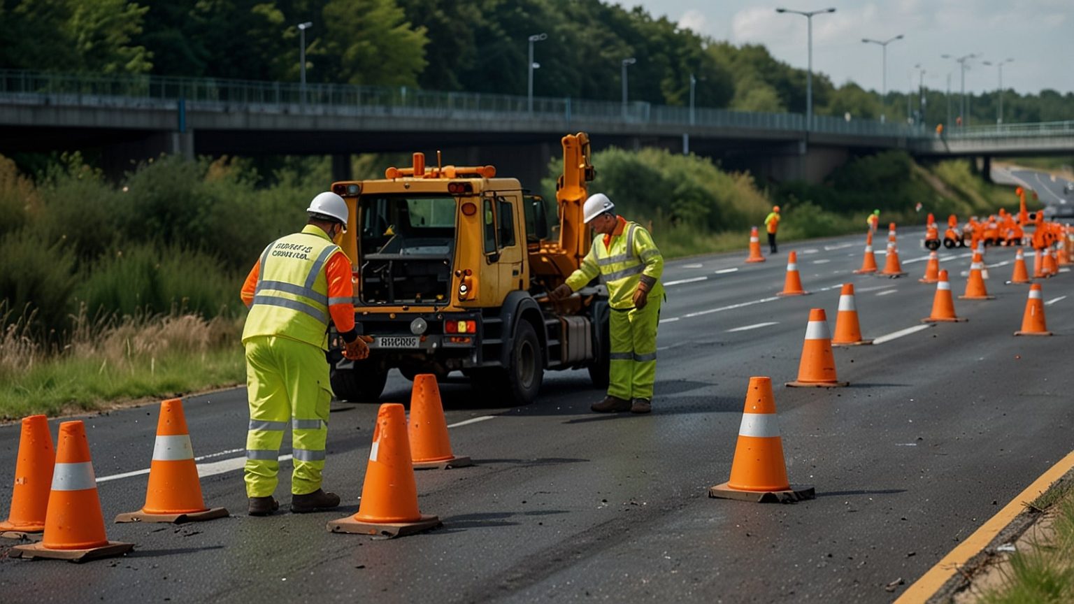 Close-up of road repair on the M1 motorway in Nottinghamshire showing workers fixing a damaged section