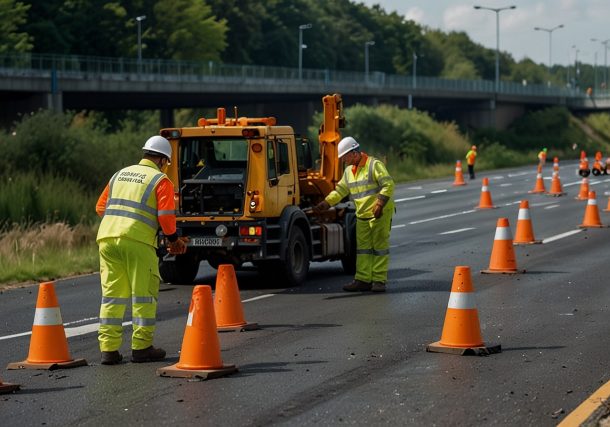 Close-up of road repair on the M1 motorway in Nottinghamshire showing workers fixing a damaged section