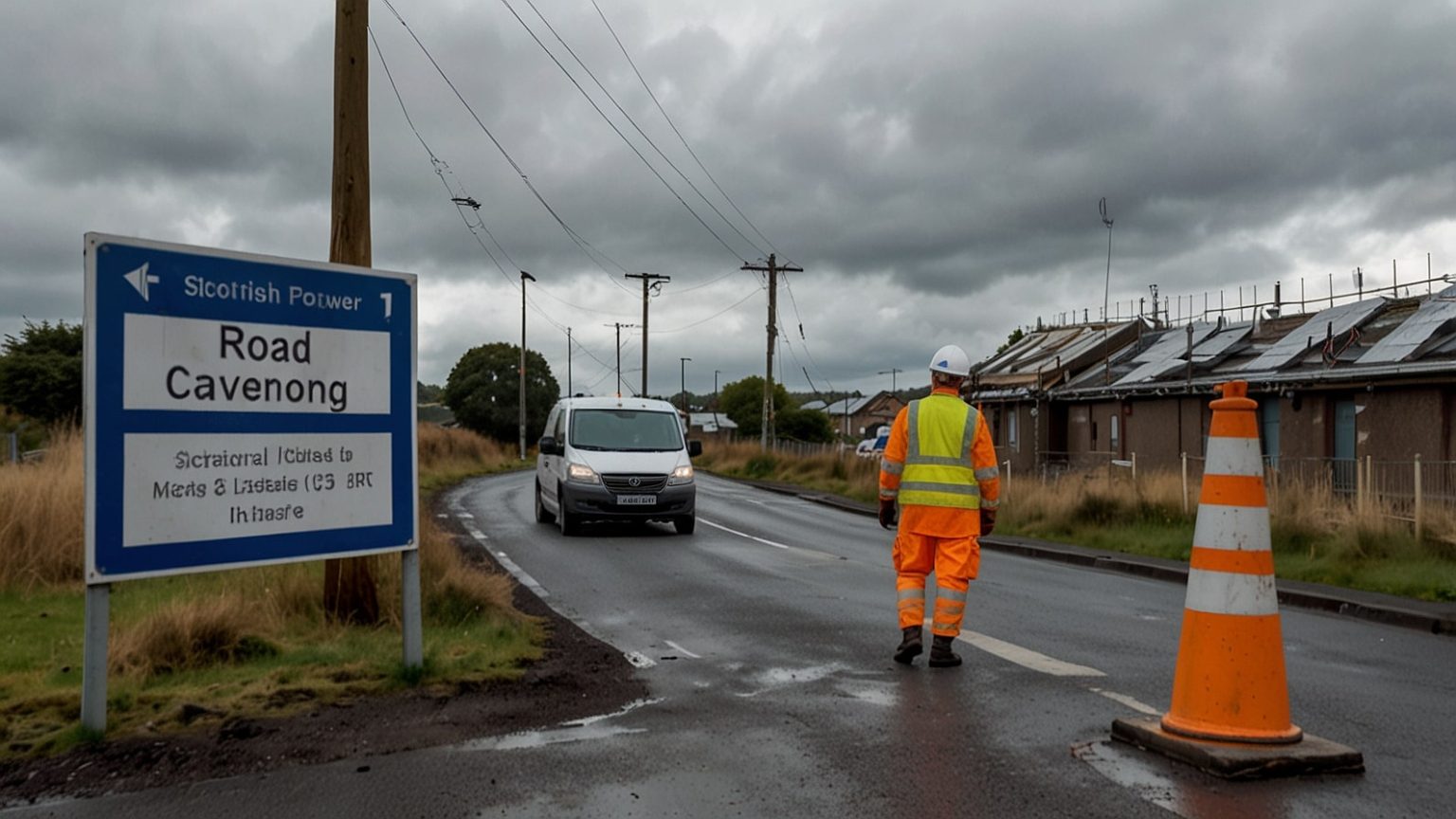 Scottish Power workers with safety gear operating machinery on a closed road in Kirkintilloch with traffic cones and signage