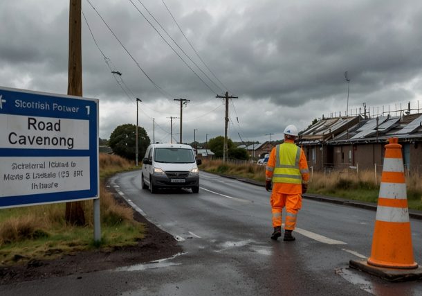 Scottish Power workers with safety gear operating machinery on a closed road in Kirkintilloch with traffic cones and signage
