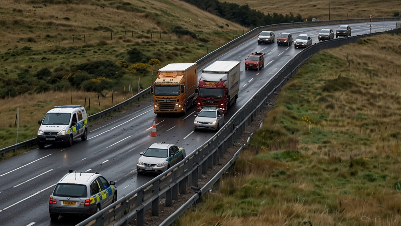 Emergency vehicles and traffic cones block the M62 motorway near Huddersfield following a major multi-vehicle accident