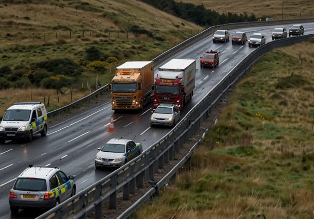 Emergency vehicles and traffic cones block the M62 motorway near Huddersfield following a major multi-vehicle accident