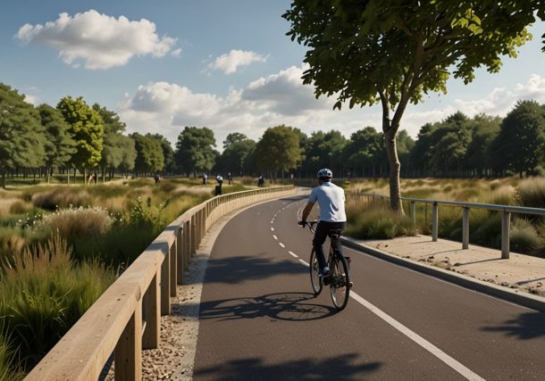 Diagram showing the planned A12 dual carriageway upgrade near Woodbridge with retained tree lines and new shared-use path